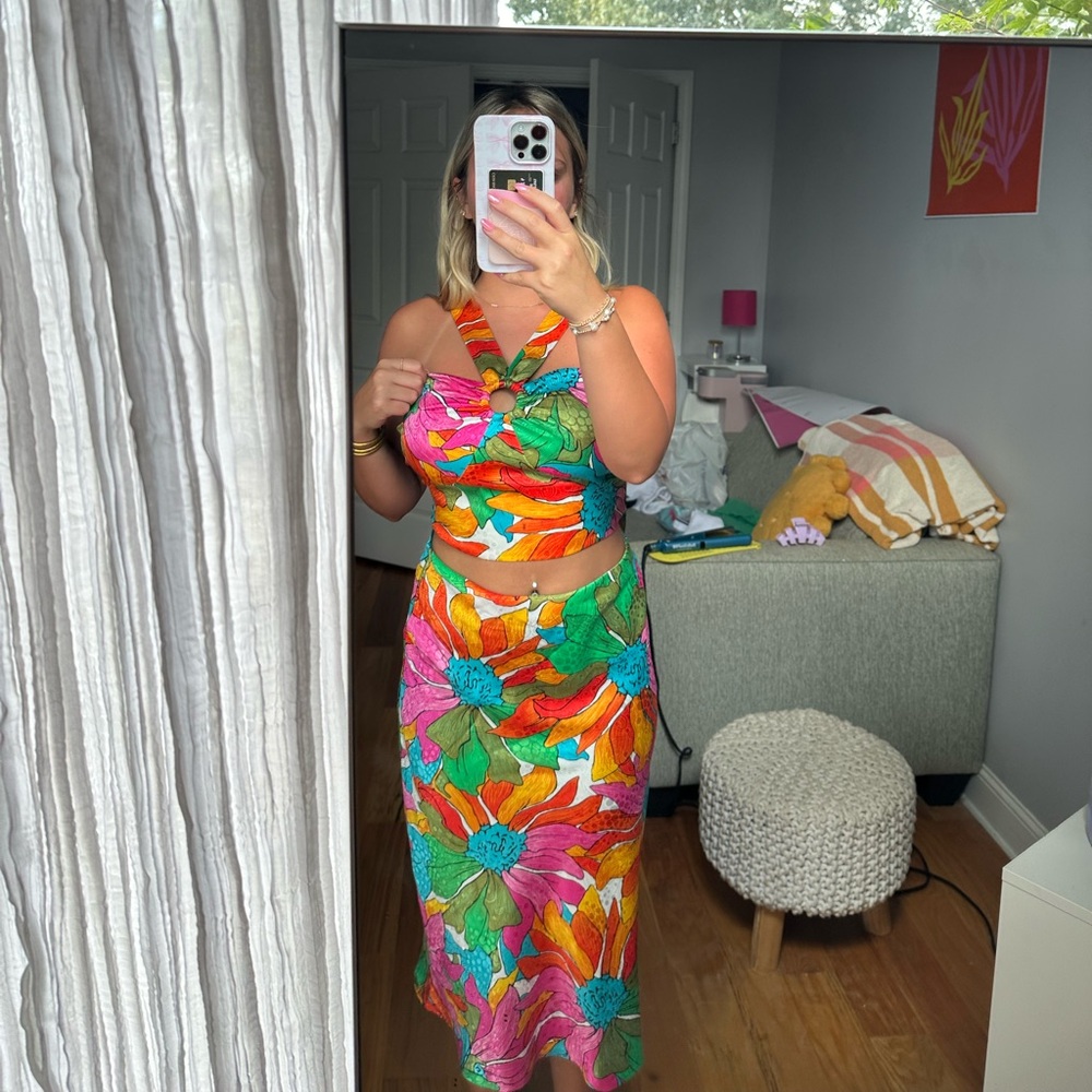 Colorful Floral Halter Top and Skirt Set